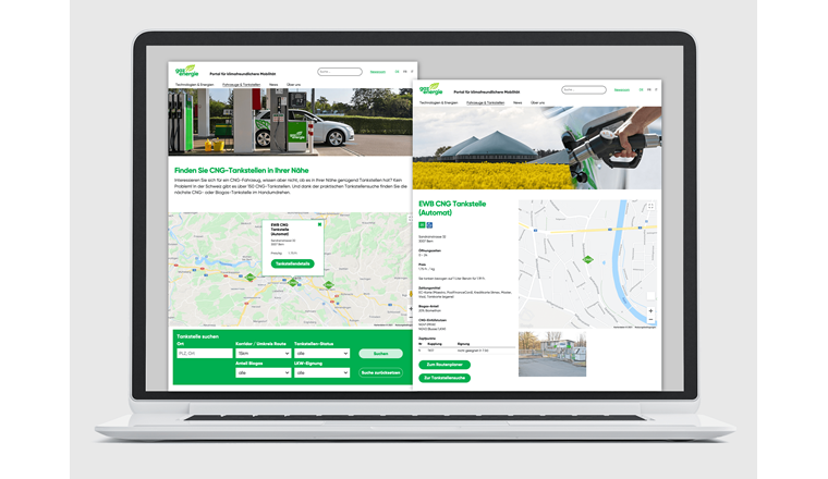 Screenshot des CNG-Routenplaners auf dem Wissensportal www.cng-mobility.ch mit den neuen Funktionen und den Infos zur LKW-Tauglichkeit. Quelle: CNG-Mobility.ch