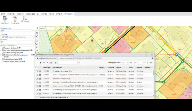 Hinterlegte und bearbeitbare GEP-Massnahmen im WebGIS.