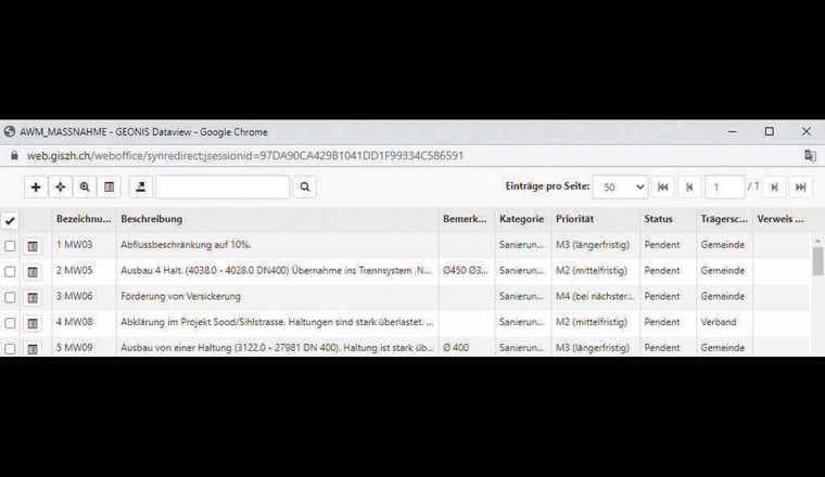 Ausschnitt aus der bearbeitbaren Massnahmenliste im WebGIS.