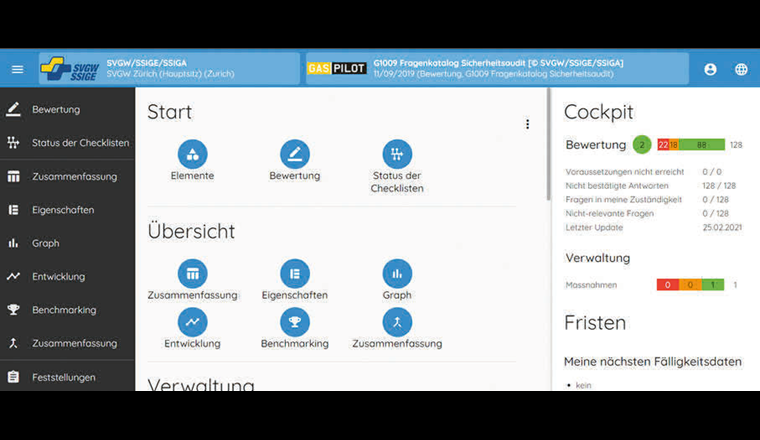 Cockpit mit Navigationsmenü, Schnellstartbuttons und Pendenzen (Fristen).