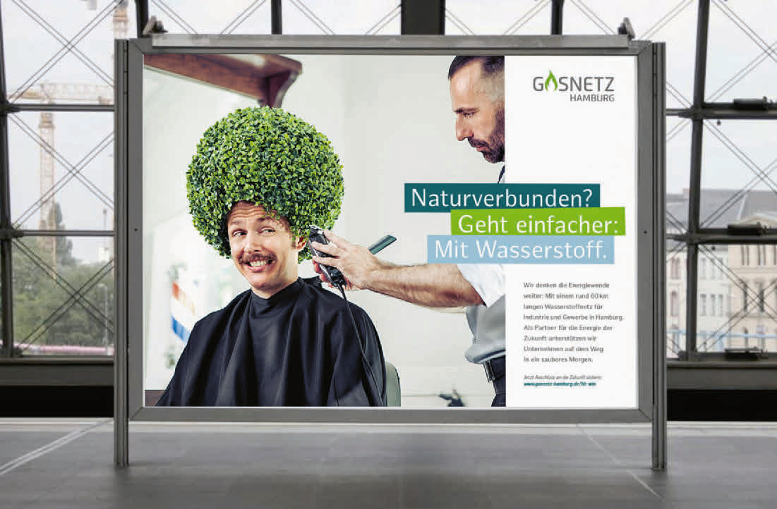Wasserstoff-Kampagne mit Augenzwinkern: So wirbt Gasnetz Hamburg im öffentlichen Raum. (©Gasnetz Hamburg)