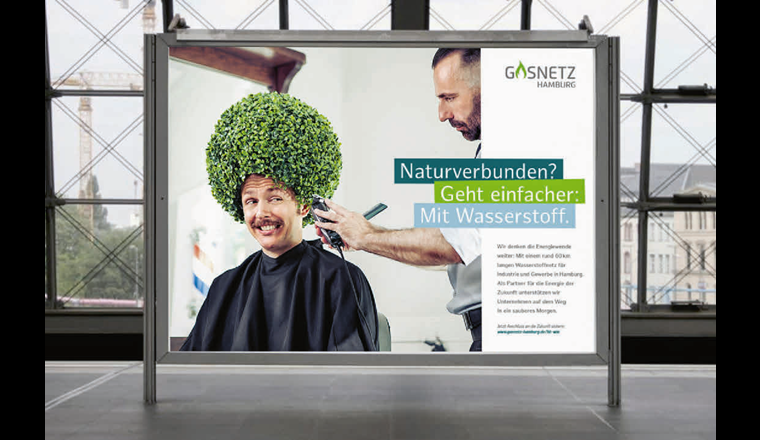 Wasserstoff-Kampagne mit Augenzwinkern: So wirbt Gasnetz Hamburg im öffentlichen Raum. (©Gasnetz Hamburg)