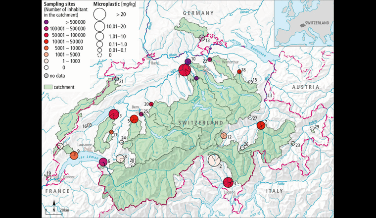 Konzentration von Mikroplastik in Schweizer Flusssedimenten und Böden. Die Konzentrationen erreichten bis zu 55,5 mg/kg oder 593 Partikel/kg
an 26 von 29 Probenahmestellen [3].