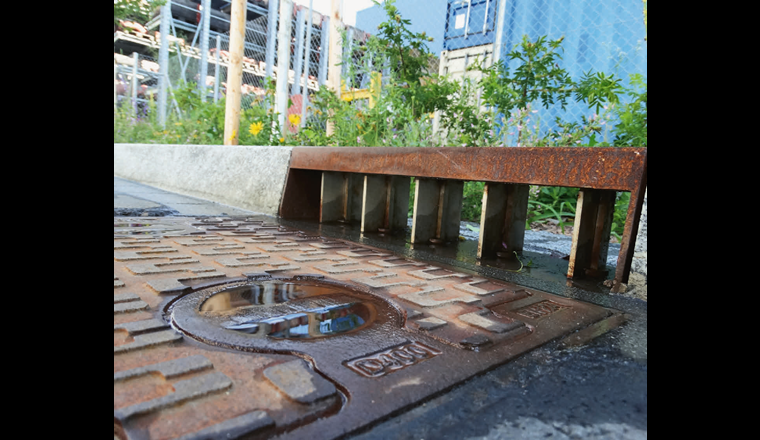 Giessereistrasse in Zürich: Das Regenwasser fliesst nur noch während der Wintermonate, in denen Streusalz zum Einsatz kommt, in die Kanalisation. In der restlichen Zeit wird das Regenwasser in den Vegetationsbereich umgeleitet, wo es langsamer abfliesst und über die Bäume verdunsten kann (Schlammsammler geschlossen, Randstein geöffnet). (©P. Sicher/VSA)