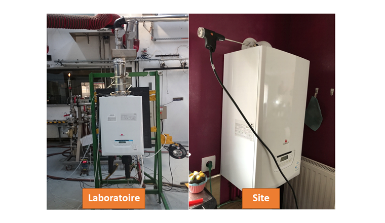 Fig. 4 Chaudières testées en laboratoire (à gauche) et chez un habitant volontaire (à droite).