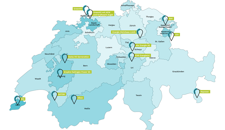 Übersicht der Mitglieder des Vereins der H2-Produzenten, die Produktionsanlagen für grünen Wasserstoff planen.