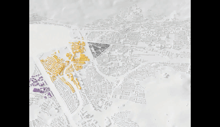 Gelb: der geplante Perimeter des Wärmeverbundes; grau und violett: mögliche Erweiterungen.  (Grafik: Energie Service Biel/Bienne