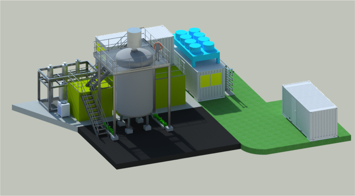 Visualisierung der Anlage zur biologischen Methanisierung, wie sie in der Machbarkeitsstudie für die ARA Reinach entworfen wurde: Der Bioreaktor (grau) wird links flankiert vom Aktivkohlefilter, rechts vom Wärmetauscher mit Kompressoren. Der Container ganz rechts dient der Speicherung von Additiven. (Illustration: microbEnergy