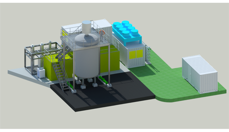 Visualisierung der Anlage zur biologischen Methanisierung, wie sie in der Machbarkeitsstudie für die ARA Reinach entworfen wurde: Der Bioreaktor (grau) wird links flankiert vom Aktivkohlefilter, rechts vom Wärmetauscher mit Kompressoren. Der Container ganz rechts dient der Speicherung von Additiven. (Illustration: microbEnergy