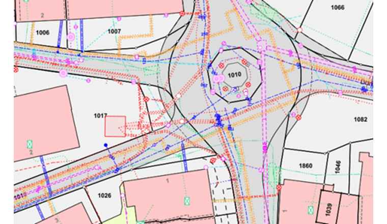 In einem Leitungskataster sind Ver- und Entsorgungsleitungen verzeichnet. Die Leitungskatasterdaten werden heute mehrheitlich digital in einem Geoinformationssystem verwaltet.  (© swisstopo)