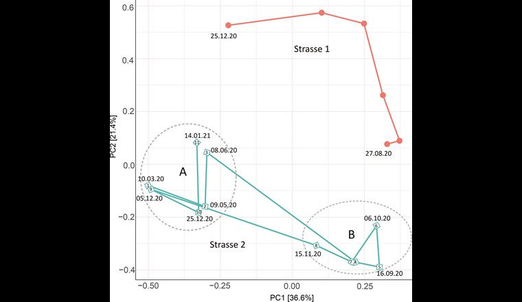 Fig. 3 Principal-Component-Analyse der Belebtschlammproben. Je näher die Datenpunkte, desto ähnlicher ist die bakterielle Zusammensetzung im Belebtschlamm.