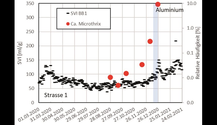 Fig. 4a SVI und relative Häufigkeit von Ca. Microthrix in Strasse 1